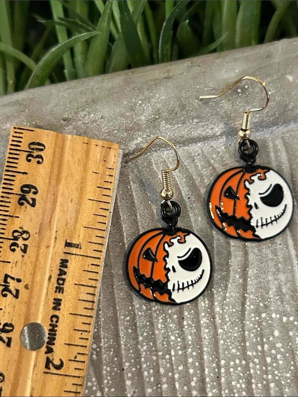 Halloween Pumpkin Skull Dangle Earrings - Orange & White